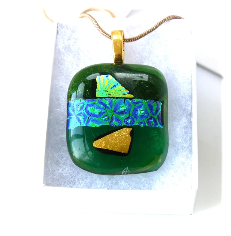 Dichroic Glass Pendant 273 Green Handmade with gold plated chain