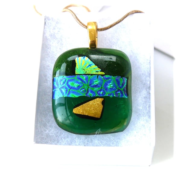 Dichroic Glass Pendant 273 Green Handmade with gold plated chain