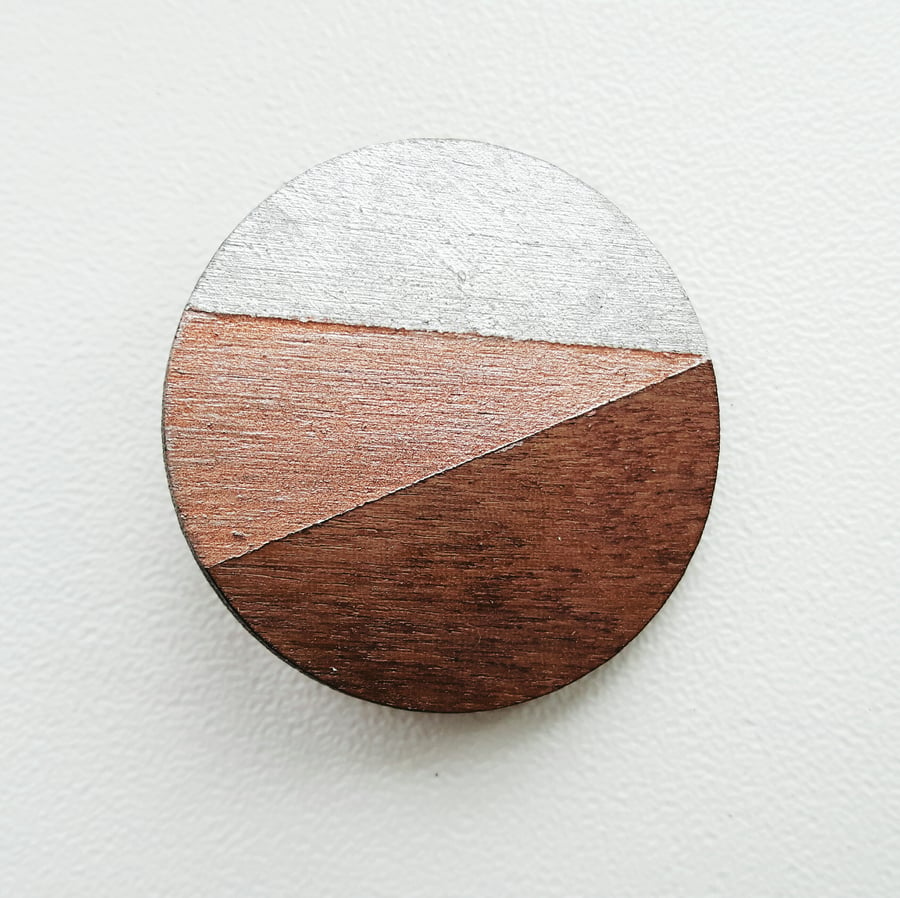 Geometric Circle Brooch in Walnut Wood with Silver Leaf and copper decoration