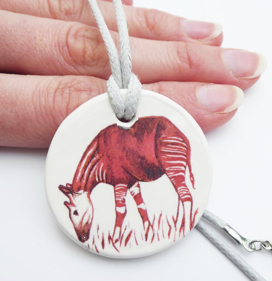 Handmade Okapi Ceramic Pendant on Light Grey Cord Necklace