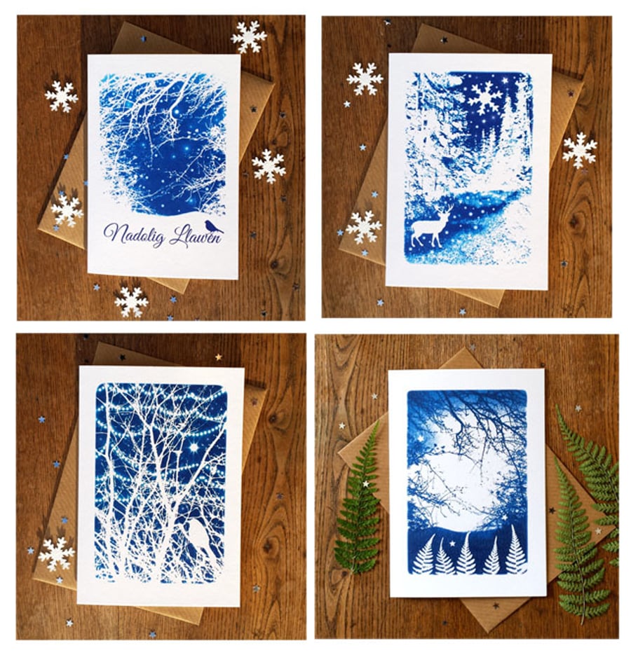 SALE - Pack of 4 Welsh Christmas cards from Cyanotype images