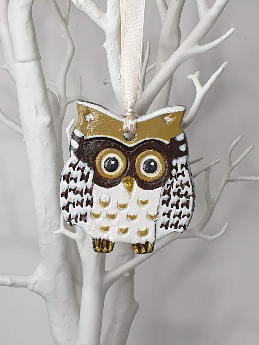 Clay owl hanging decoration, gift for an owl lover 