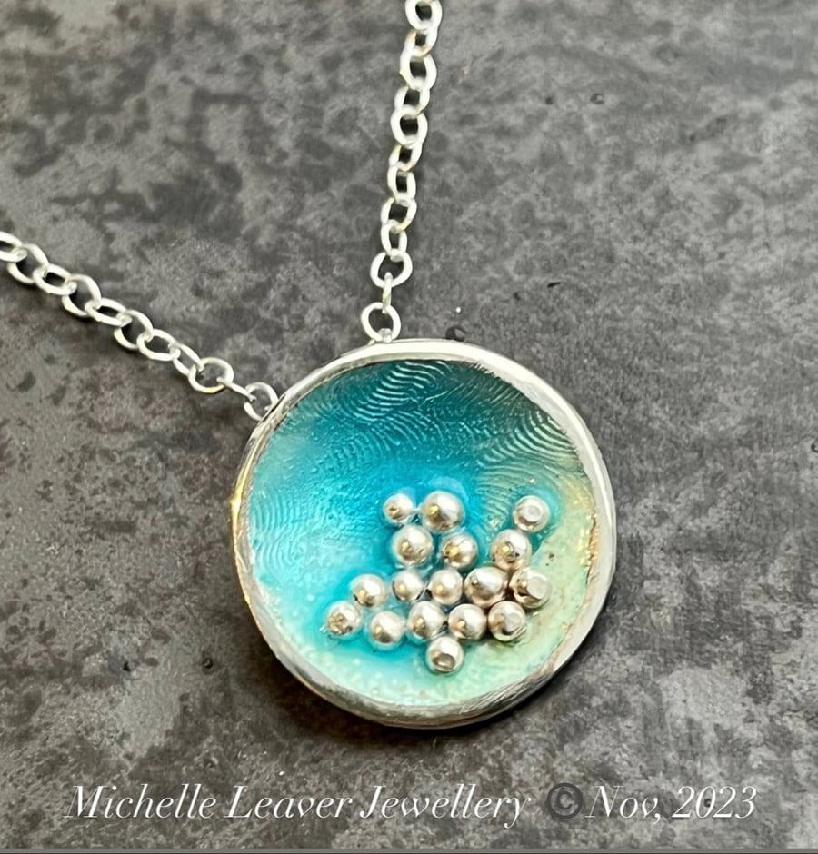 Enamel Pendant, ocean pendant, silver bubbles pendant, blue and green pendant, 