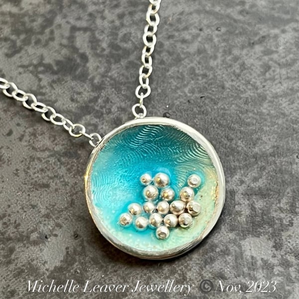 Enamel Pendant, ocean pendant, silver bubbles pendant, blue and green pendant, 