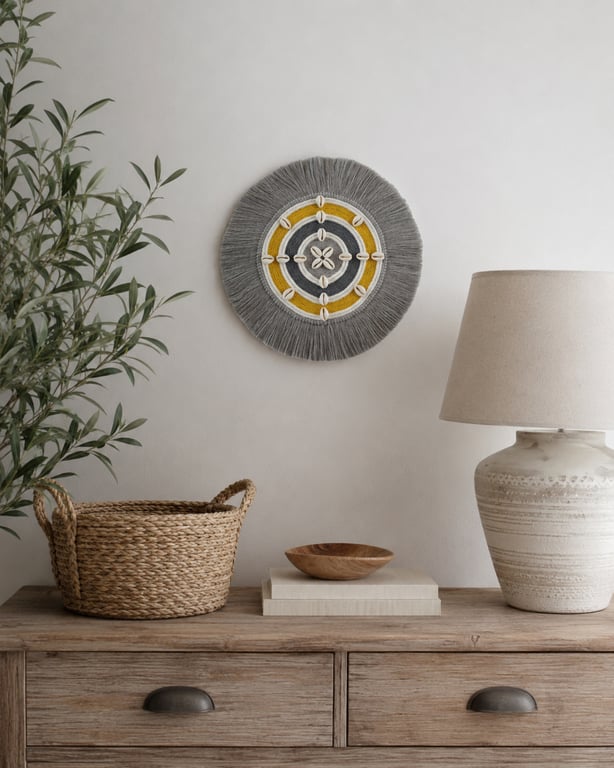 "Inyanga 4" - Yellow & Grey Macrame, Fibre, Mandala, Wall Hanging Art