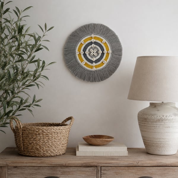 "Inyanga 4" - Yellow & Grey Macrame, Fibre, Mandala, Wall Hanging Art