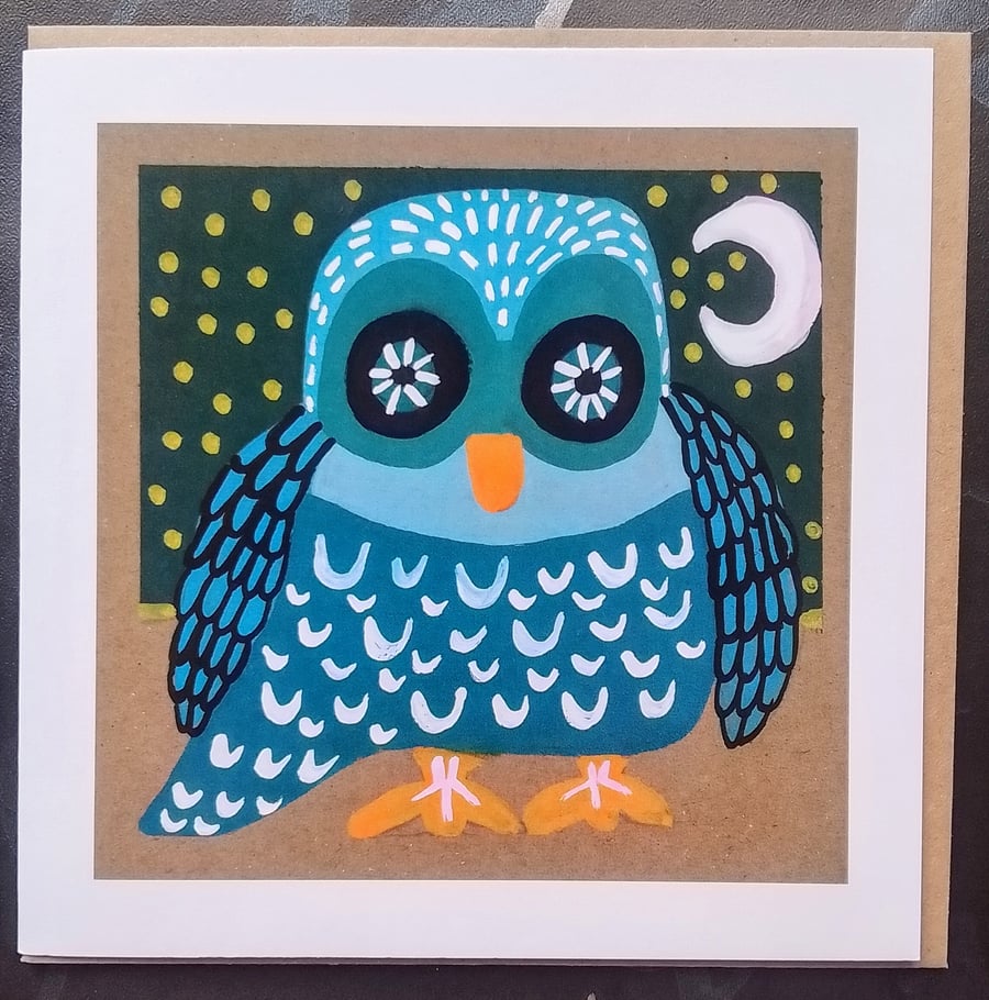 Goodnight Owl Greetings Card Blank for Any Occasion Mid Century Inspired 
