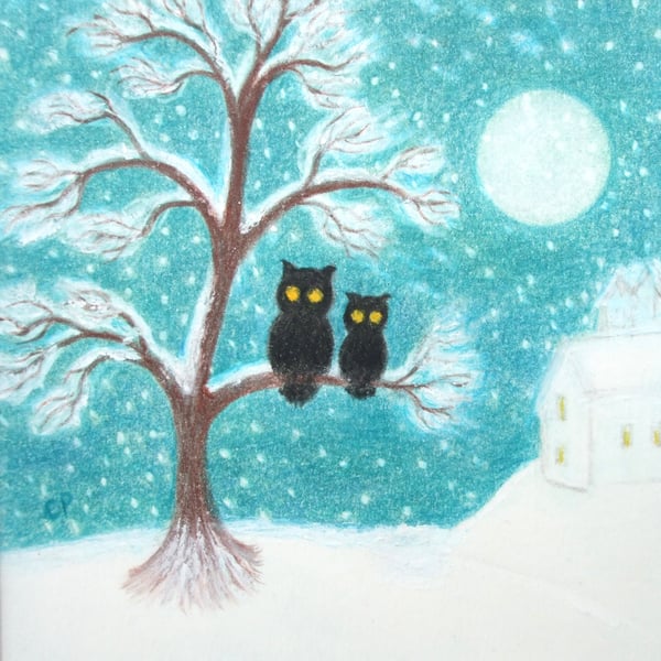 Owl Christmas Card, Snow Tree Moon Card, Mother Son Xmas Card, Father, Daughter