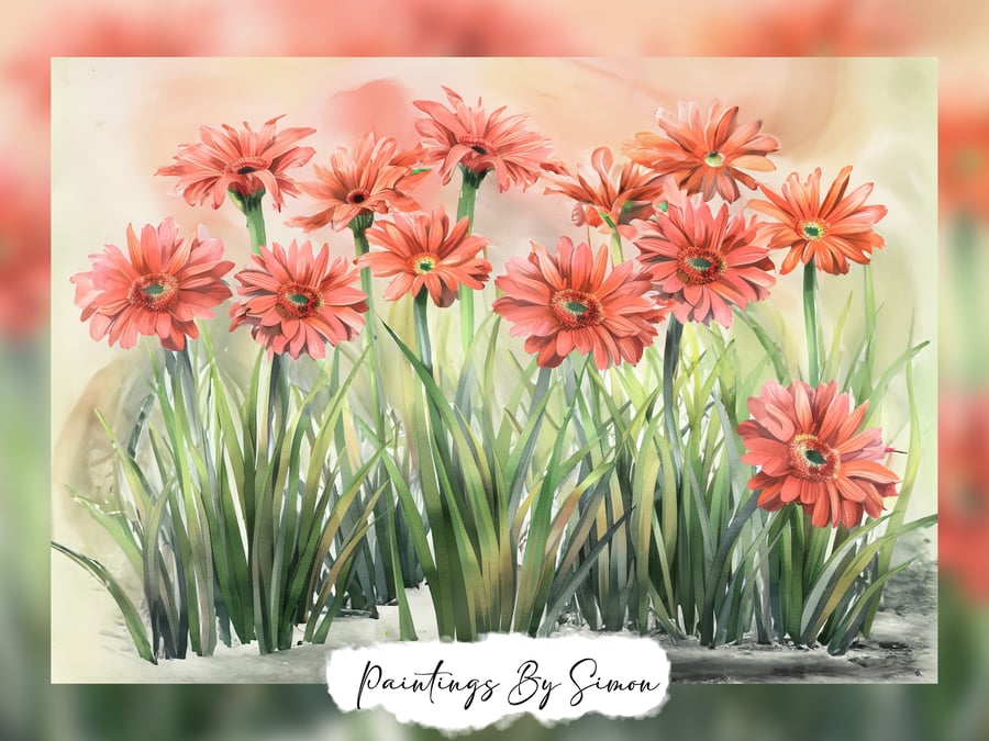 Cheerful Pink Gerbera Daisies, Watercolor Painting Print 5"x7" on Matte Paper