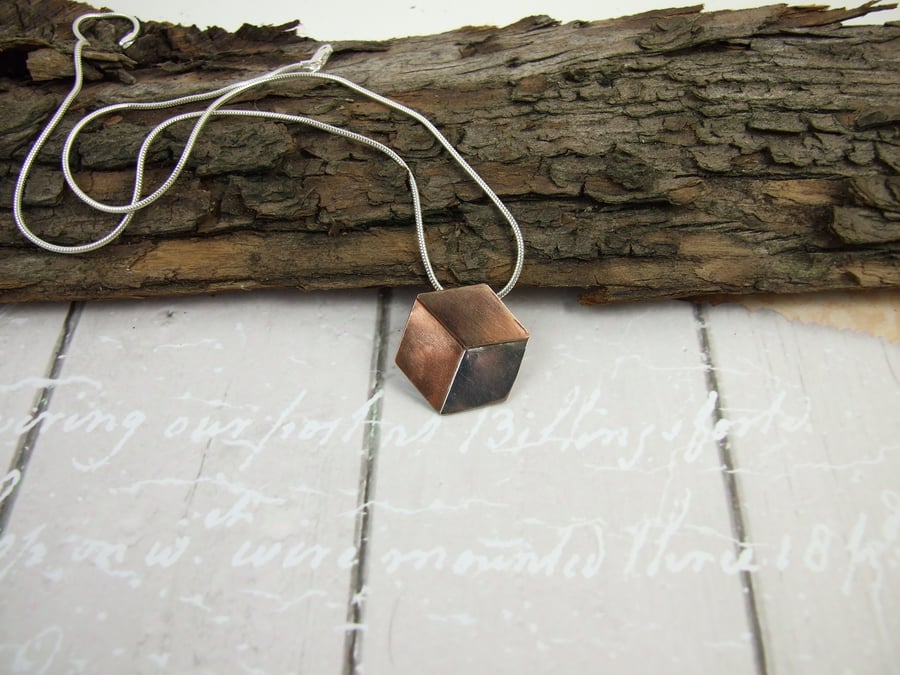 Cube Pendant, Sterling Silver, Copper & Bronze Geometric  Illusion Cube Necklace