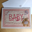 Baby Girl Card - Hand-Stitched - New Baby - Textile Card - Congratulations 