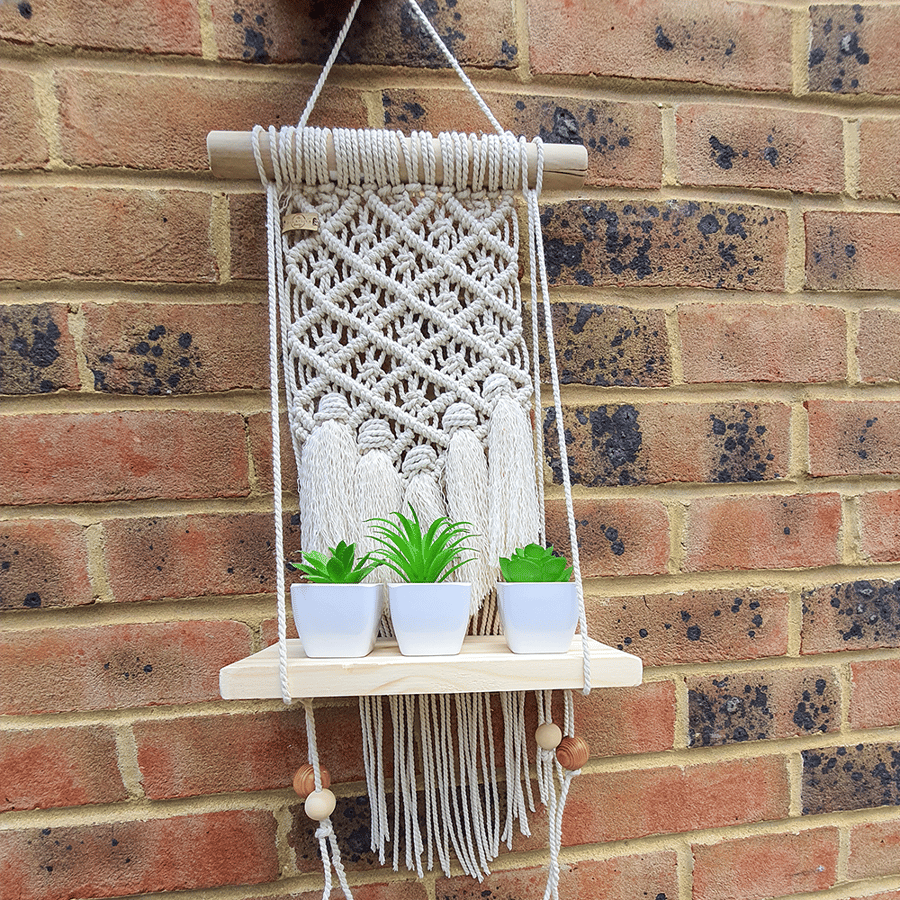 Diamonds and Tassels Macrame Wall Decoration, Plant Hanger With Wood Shelf