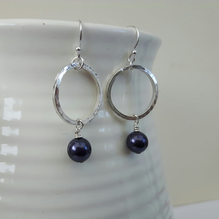 Sterling Silver Dangle Drop Earrings with Hoops and  Dark Blue Freshwater Pearls