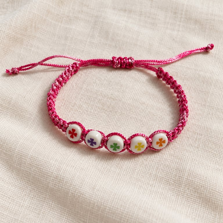 Children's Pink Macramé Bracelet with Colourful Flower Beads – Adjustable