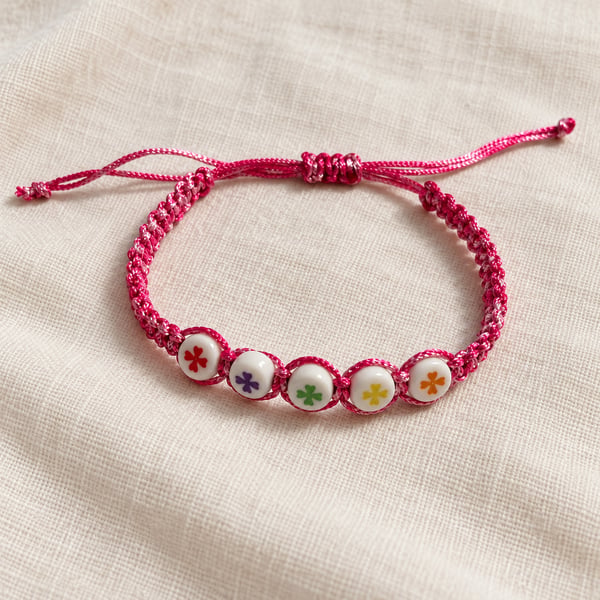 Children's Pink Macramé Bracelet with Colourful Flower Beads – Adjustable