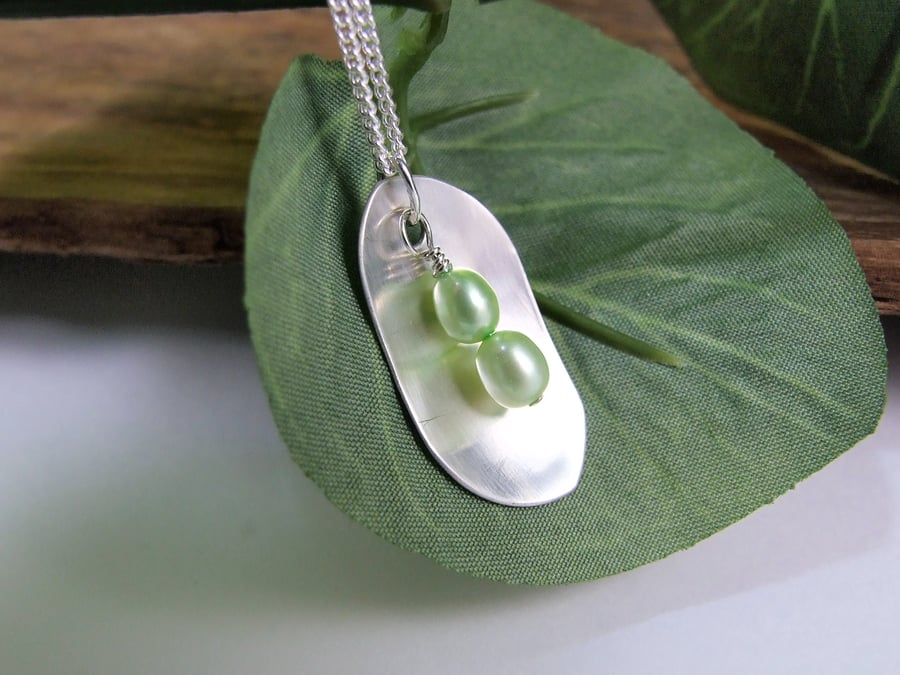 Peas in a Pod Necklace, Sterling Silver and Pearl Pendant.