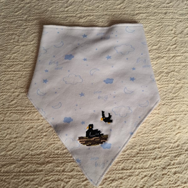 Blackbird dribble bib, hand embroidered