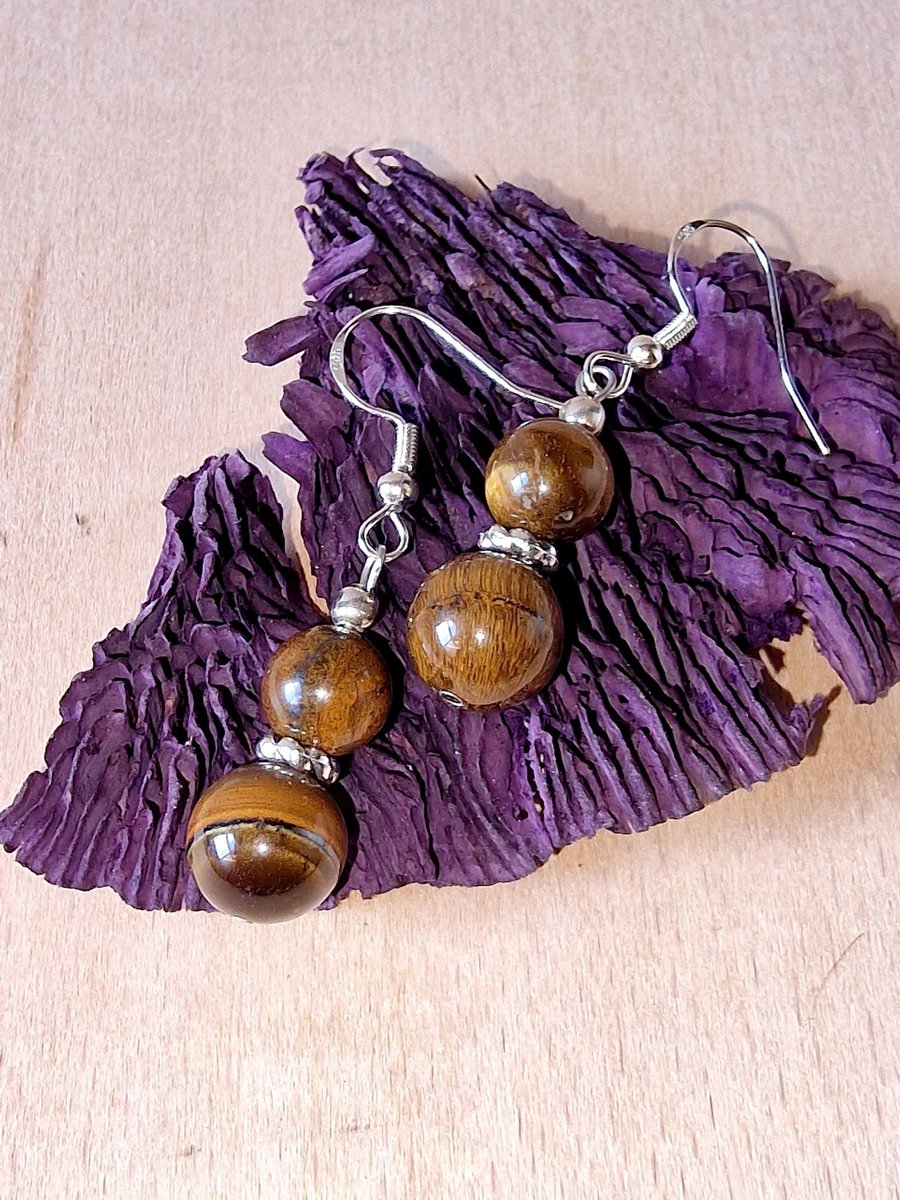 Tiger's Eye & Silver Drop Earrings - Natural Gemstone Gift