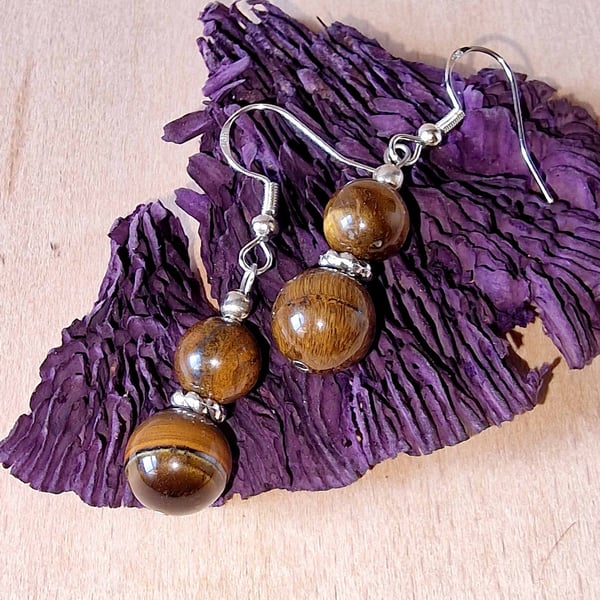 Tiger's Eye & Silver Drop Earrings - Natural Gemstone Gift