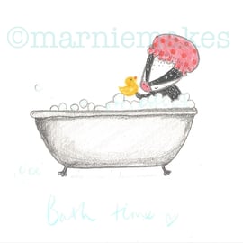 Badger In The Bath- A5 original pencil sketch (unframed)