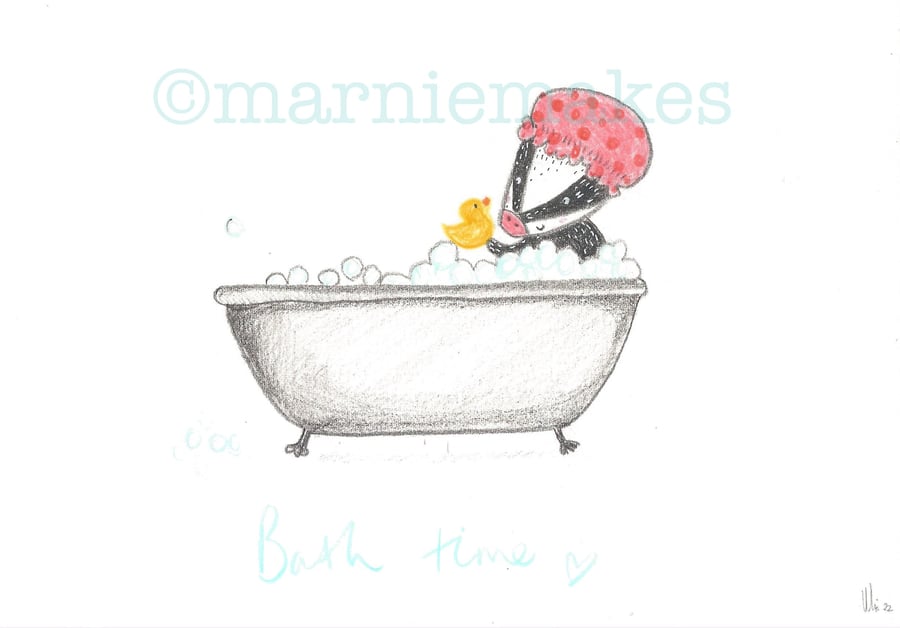 Badger In The Bath- A5 original pencil sketch (unframed)