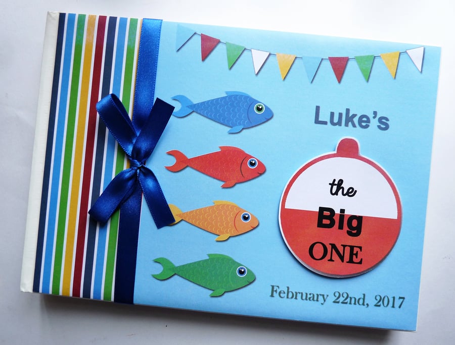 Fishing birthday guest book, Big One birthday party book, boy fishing party book