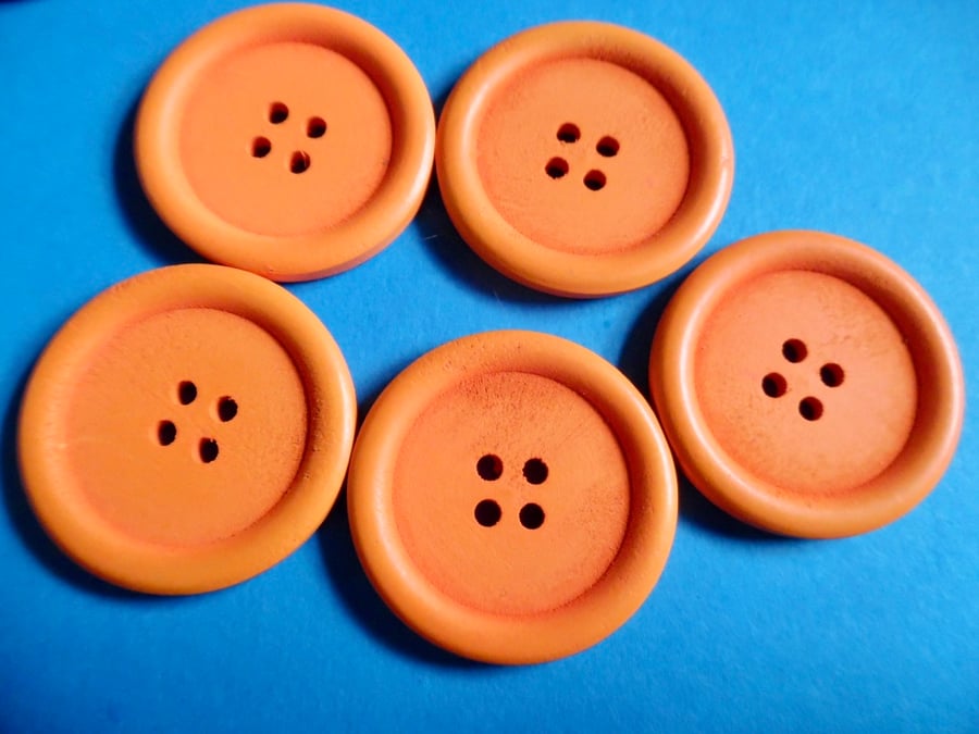 5 x 40mm Bright Orange Wood Buttons 4 holes
