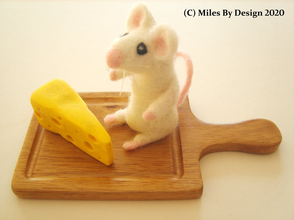 Needle Felted Mouse On Wooden Chopping Board With Polymer Clay Cheese