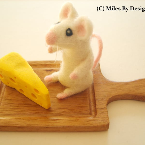 Needle Felted Mouse On Wooden Chopping Board With Polymer Clay Cheese