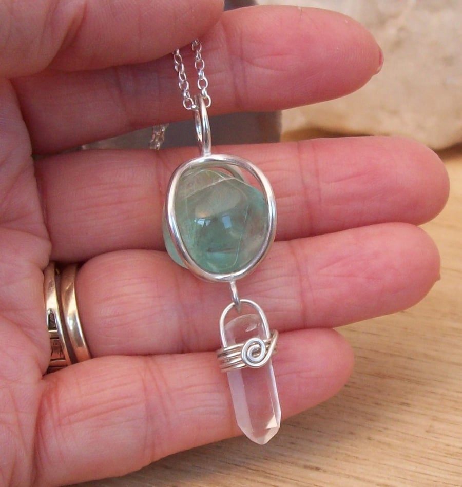 chakra pendant Caged Green Flourite with wire wrapped Singing Quartz Crystal