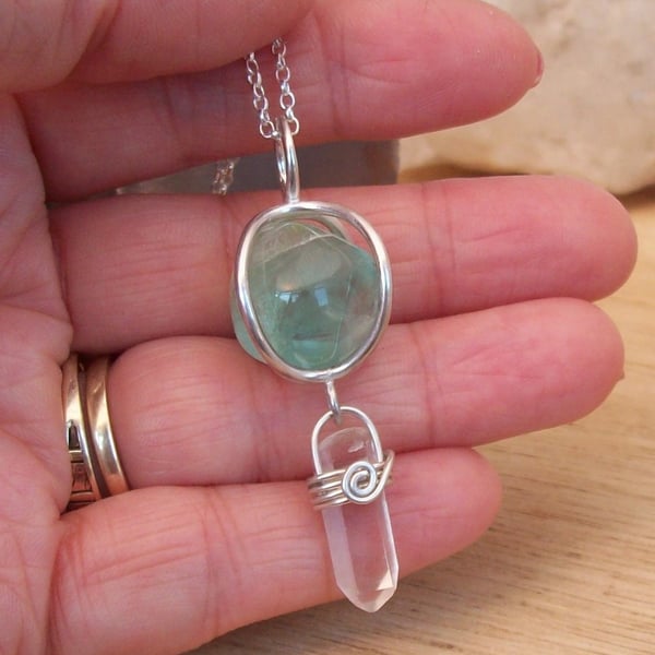 chakra pendant Caged Green Flourite with wire wrapped Singing Quartz Crystal