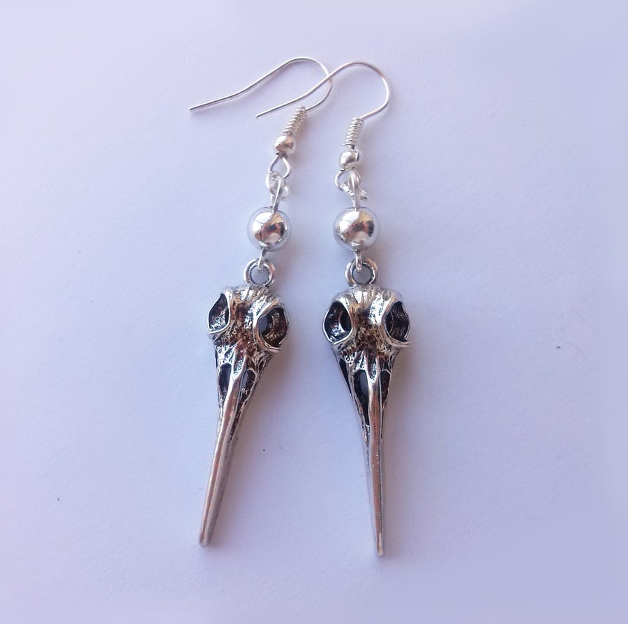 Gothic Bird Skull Dangle Earrings