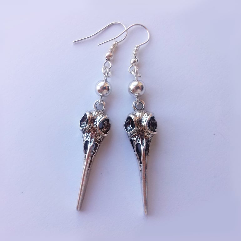 Gothic Bird Skull Dangle Earrings