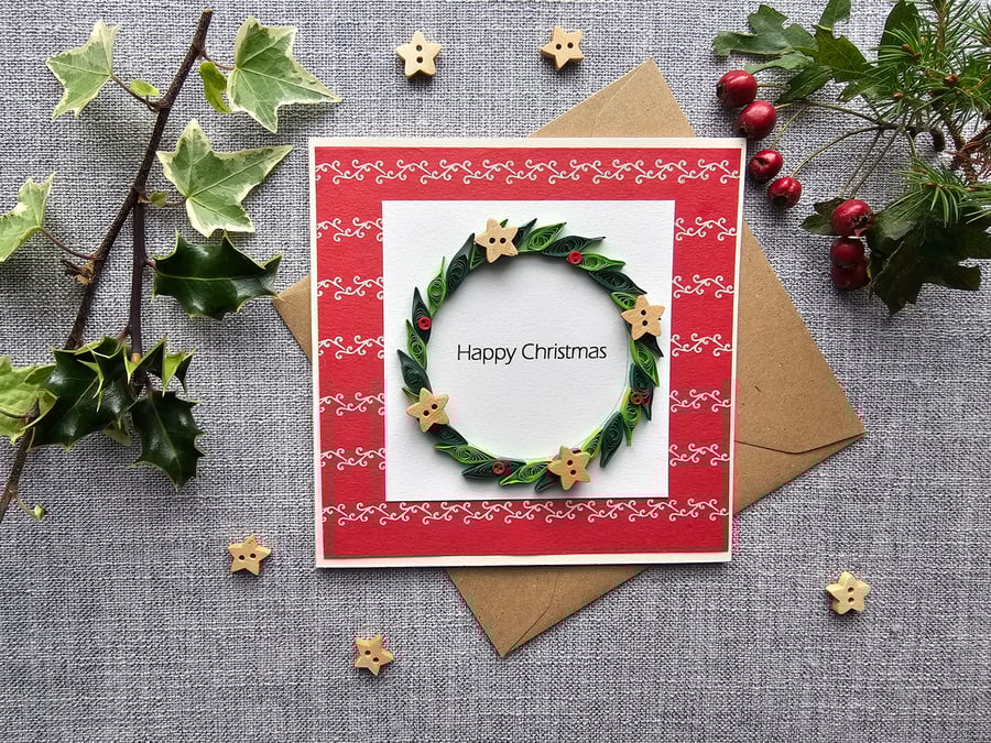 Quilled Wreath Christmas Card with Buttons Size 5"x 5"
