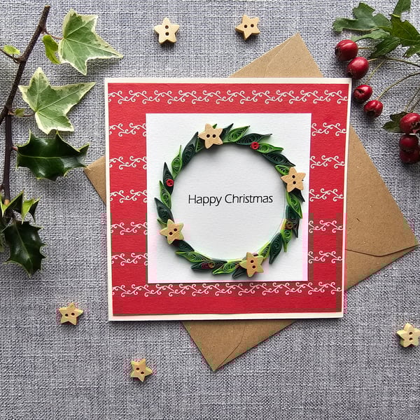 Quilled Wreath Christmas Card with Buttons Size 5"x 5"