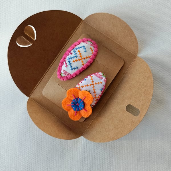 Set of 2 Handmade Cotton Hair Clips, Orange Felt Flower Accent – Cute Floral Set