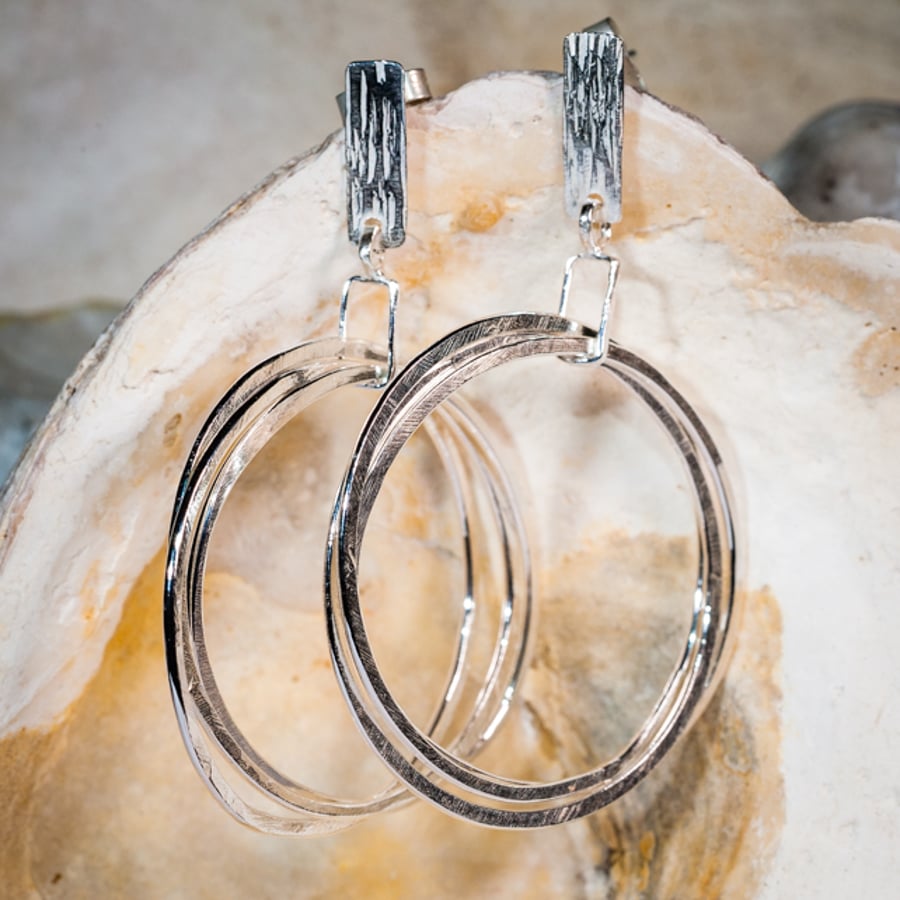 Handmade ecosilver three large hoops super dangly earrings 