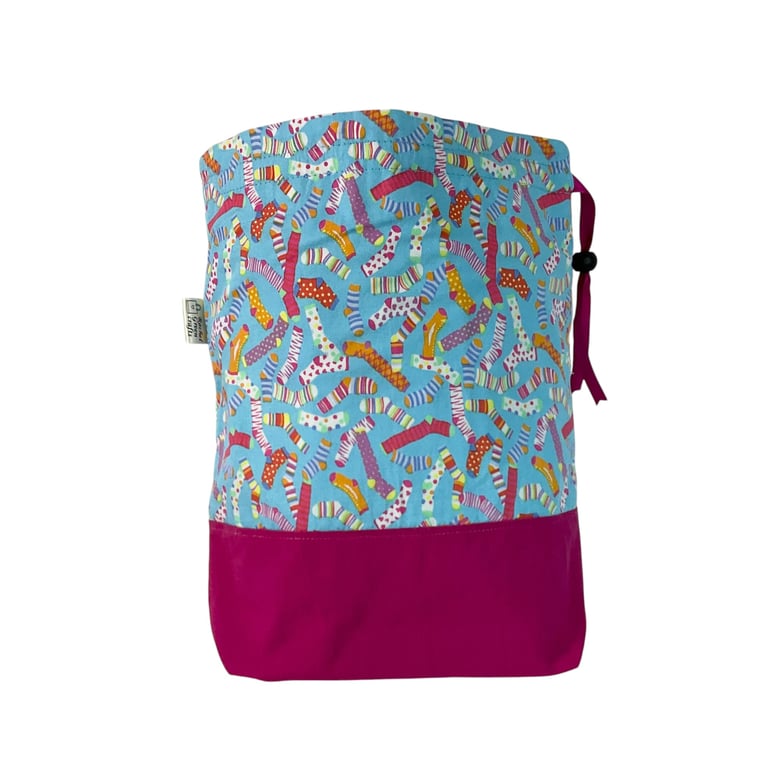 two at a time knitting bag with floral  print, drawstring divided pouch, 