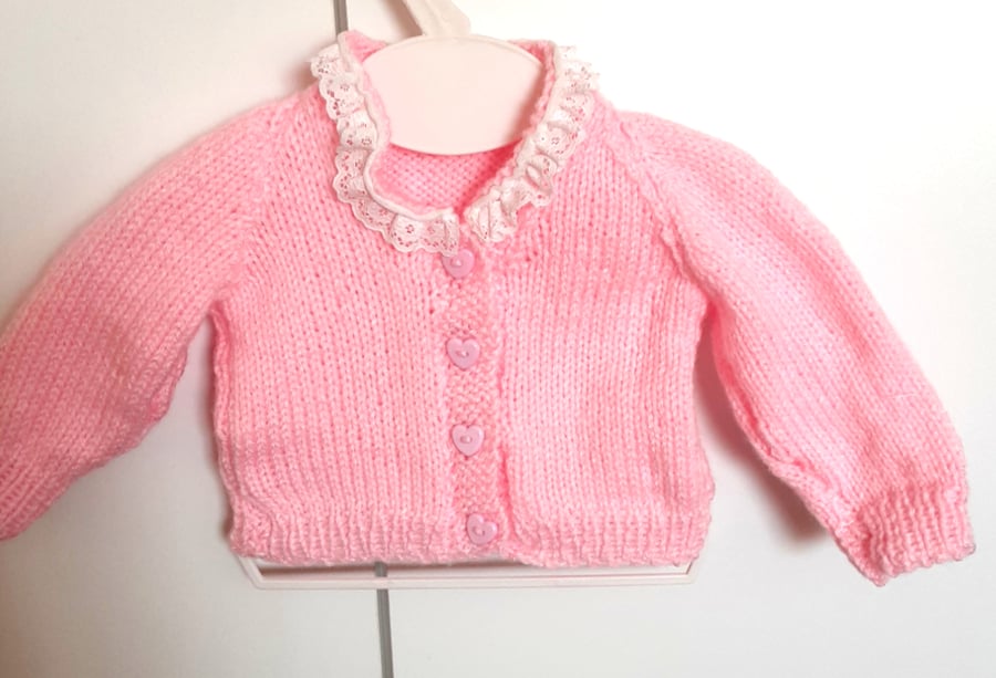 Traditional hand knitted pink baby cardigan 16 inch 