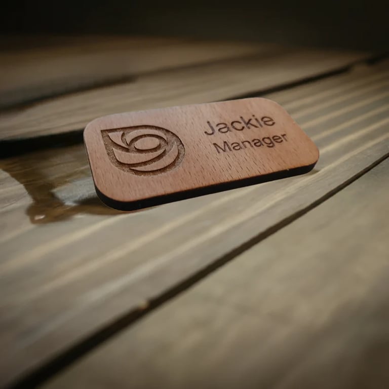 Personalised Staff ID Wood Badges.40mm x 75mm x 4mm Pin Fastener. (10 Badges)