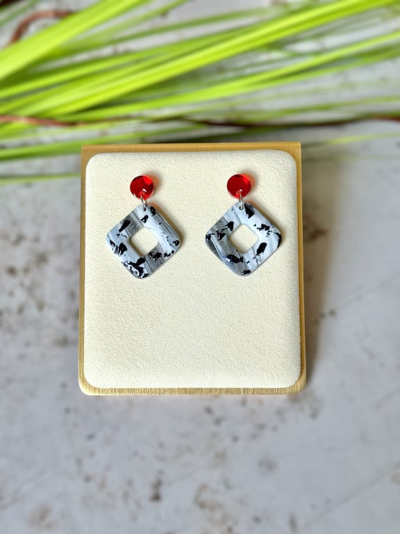 Red Spot and Black White Diamond Polymer Clay Earrings