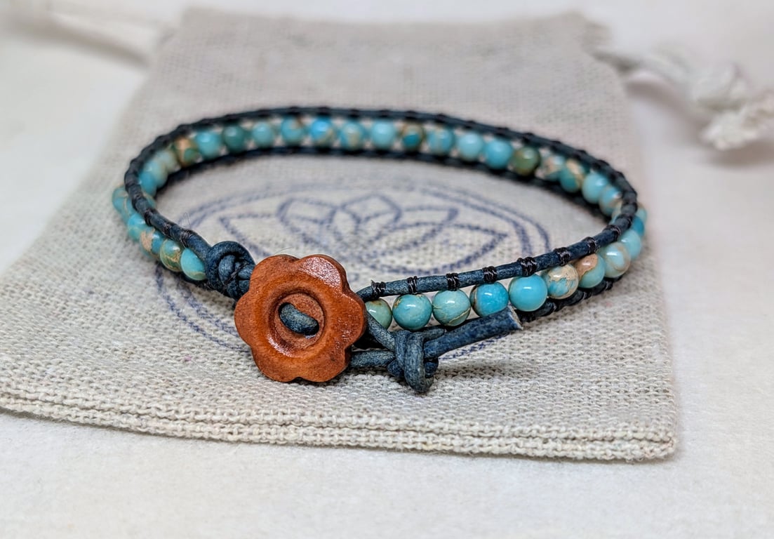 Duck egg blue sea sediment jasper and leather bracelet with wooden button 
