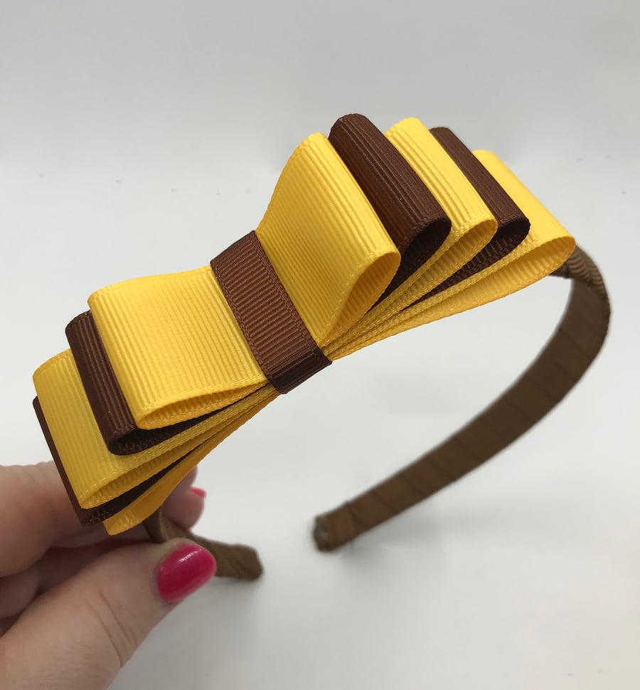 Brown Hairband with 5 Layer Brown and Yellow Gold Two-tone Straight Bow