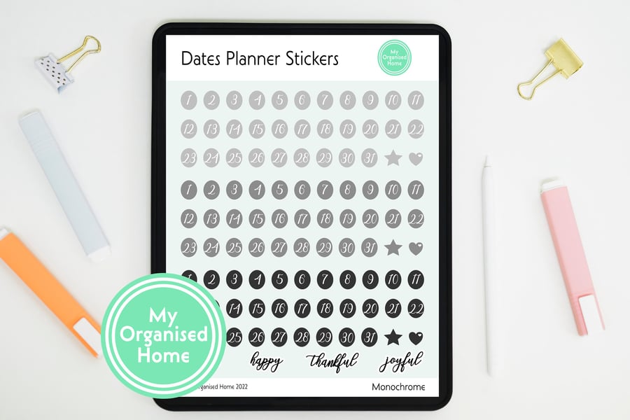 Dates Digital Planner Stickers - PNG & GoodNotes Elements file - Monochrome