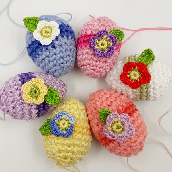 6 Crochet Mini Egg Hanging Decorations. 