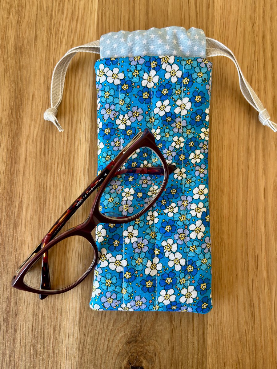 Glasses case, sunglasses pouch, padded, with drawstring,  in blue floral cotton