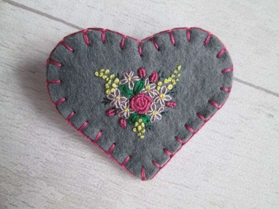 Grey Felt Heart Brooch with Hand Embroidered Spray of Flowers