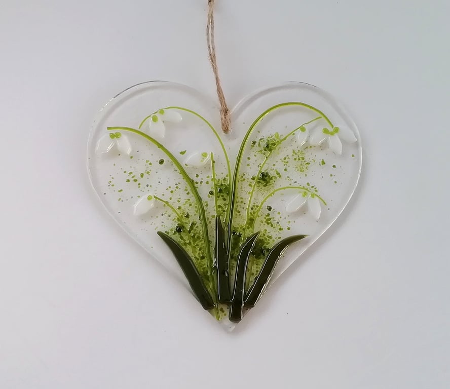 Snowdrop suncatcher, fused glass heart, mothers day gift, home decor. 