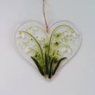 Snowdrop suncatcher, fused glass heart, mothers day gift, home decor. 