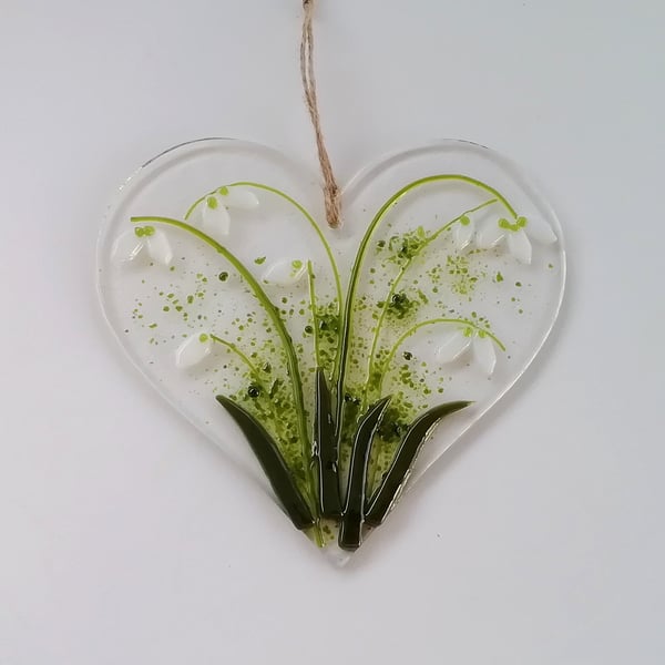 Snowdrop suncatcher, fused glass heart, mothers day gift, home decor. 